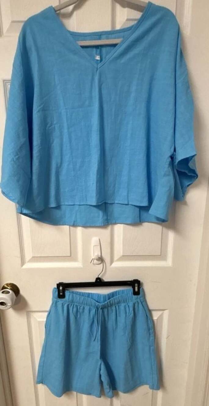 Two-Piece Linen Outfit V-Neck Top and Shorts Light Blue Size S